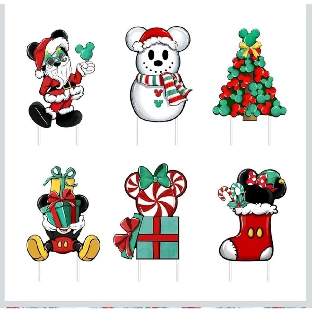 6 Pcs Christmas Yard Sign Stakes, Xmas Tree Snowman Mickey Mouse Peppermint s20
